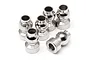 A set of six silver-coloured metal pivot balls for RC vehicles arranged on a white background.