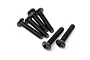 A set of six black metal button head screws with a cross-head drive, arranged on a white background.
