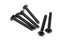 A set of six black metal button head screws with cross-head drives, arranged on a white background.