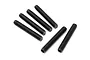 A set of six black metal grub screws arranged on a white background.
