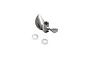 A two-blade metal RC boat propeller with two small white plastic washers isolated on a white background.