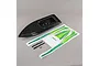 A black RC boat hull for the Pro Boat Sonicwake 36 inch model, shown with a decal sheet, two velcro strips, and small hardware pieces on a grey background.