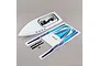 A white Pro Boat Sonicwake 36-inch RC boat hull with a decal sheet, hook-and-loop straps, and small hardware components on a grey background.