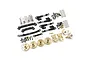 A complete metal upgrade set for the SCX24 RC crawler, including brass wheel weights, black suspension links, shocks, and various hardware components.