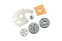 Yeah Racing SCX24 steel transmission gear set including a mounting plate, gears, and a friction pad on a white background.