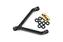 A black aluminium Y-link suspension part for an RC car, accompanied by three brass pivot balls and six small black rubber O-rings on a white background.