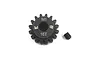A black Yeah Racing 16T 1Mod steel pinion gear with a small grub screw on a white background.