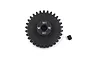 A black Yeah Racing 30T 1Mod steel pinion gear with a grub screw on a white background.