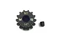 A black Yeah Racing 14T 1Mod steel pinion gear with a grub screw on a white background.