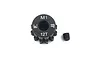 A black Yeah Racing 12T 1Mod steel pinion gear with a small grub screw on a white background.
