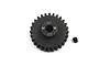 A Yeah Racing 28T 1Mod steel pinion gear with a small grub screw on a white background.