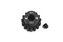 A black Yeah Racing 15T 1Mod steel pinion gear with a grub screw, viewed from the top against a white background.