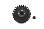A black Yeah Racing 26T 1Mod steel pinion gear with a small grub screw on a white background.