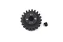 A black steel 21T 1Mod pinion gear by Yeah Racing with a small grub screw on a white background.