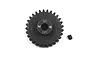 A dark grey Yeah Racing 29T 1Mod steel pinion gear with a grub screw on a white background.
