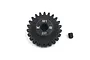 A black Yeah Racing 23T 1Mod steel pinion gear with a small grub screw on a white background.
