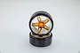 Two RC drift wheels with smooth black tires and five-spoke gold and chrome rims stacked on a white background.