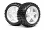 Two 1/10 scale RC buggy wheels with black knobby rubber tyres mounted on white five-spoke plastic rims.