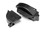 Two black plastic gear cover components for a Maverick Strada RC car, shown from a high angle against a white background.