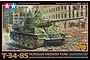Tamiya 1/48 scale Russian Medium T-34/85 tank plastic model kit box art showing a painted tank in a ruined city setting.