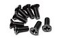 A group of eight black metal countersunk head screws with Phillips drive heads, arranged on a white background.