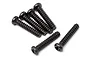 A set of six black button head screws with coarse threads arranged on a white background.