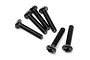 Six black metal button head screws with cross-head drives arranged on a white background.
