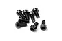A cluster of eight black metal cap head screws with hexagonal sockets, arranged on a plain white background.