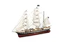 A detailed 1/75 scale wooden model of the French ship Belem, featuring white sails, rigging, and a black and red hull against a white background.