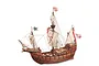 A detailed wooden scale model of the Santa Maria caravel ship with fabric sails, rigging, and flags against a white background.