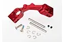 A pair of red anodized aluminium rear hubs for Traxxas RC cars, including two metal hinge pins, two screws, and four E-clips.