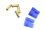 Two blue plastic EC3 connector housings and four gold-plated metal bullet terminals on a white background.