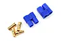 A pair of blue EC3 plastic connector housings and four gold-plated bullet connector pins on a white background.