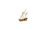 A completed wooden model of the 1492 Spanish La Niña caravel ship with white sails featuring red crosses.