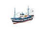 A finished 1/50 scale model of the Spanish Marina II fishing trawler, featuring a dark blue hull, white cabin, and detailed rigging on a white background.
