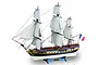 A fully assembled Artesania Latina L'Hermione La Fayette wooden model ship with white sails and a French flag, displayed on a blue stand.