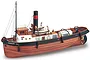 A detailed 1/10 scale wooden model of the Sanson tugboat, featuring a natural wood hull, white cabin, black smokestack, and intricate deck rigging.