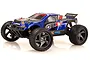 A studio shot of the Maverick iON XT 1/18 scale RC truggy in blue, featuring off-road tires, a front bumper, and racing decals on a white background.