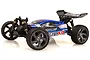 A studio shot of the Maverick iON XB 1/18 scale RC buggy in blue, featuring a rear wing, off-road tires, and detailed body graphics.