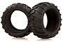 Two black rubber RC off-road tyres with V-groove tread patterns, shown against a white background.