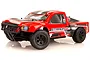 A red Maverick Strada SC 1/10 scale RC short course truck with black and white racing decals, shown from a front three-quarter angle on a white background.