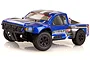 A blue Maverick Strada SC 1/10 scale RC short course truck with black wheels and off-road tires, shown from a front three-quarter angle against a white background.