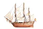 A detailed wooden model of the Spanish warship San Juan Nepomuceno with full rigging and sails, shown against a white background.