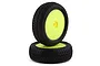 Two Losi 1.6 inch Mini-B 2.0 front taper pin off-road RC buggy tyres mounted on bright yellow plastic rims.