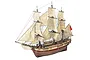 A detailed wooden model of the HMS Bounty frigate with full sails and rigging, shown against a plain white background.