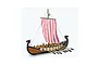 A finished 1/75 scale wooden model of a Viking longship with a red and white striped sail, dragon-headed prow and stern, and oars extended.