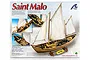 Product packaging for the Artesania Latina Saint Malo fishing boat model kit, showing the assembled wooden model on a stand.