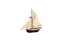 A fully assembled 1/50 scale wooden model of the French Jolie Brise cutter, featuring beige fabric sails, a black hull, and a French flag.