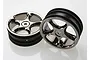 Two Traxxas 2.2 inch Tracer rims with a black chrome finish, shown from front and side angles against a white background.