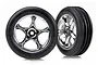 Two Traxxas 2.2 inch Alias ribbed tires pre-mounted on chrome five-spoke Tracer wheels against a white background.